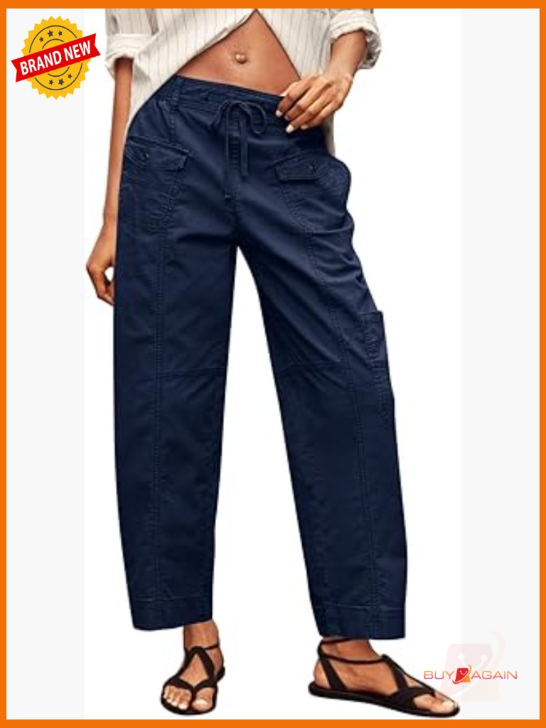100% Cotton Cargo Pants Drawstring Elastic Waist Multi Pocket Hiking Work